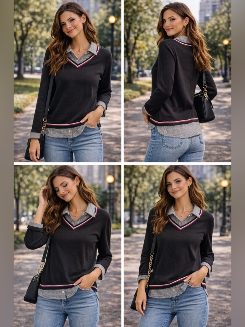 Tommy Hilfiger Layered Sweater XL Black Houndstooth Collar